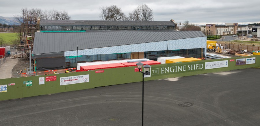 The Engine Shed building side, where one of the side black, modern wing extension has completed construction